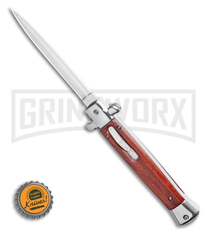 Mago 11" Wood Italian Stiletto OTF Automatic Knife - Satin Dagger Plain - Image 4