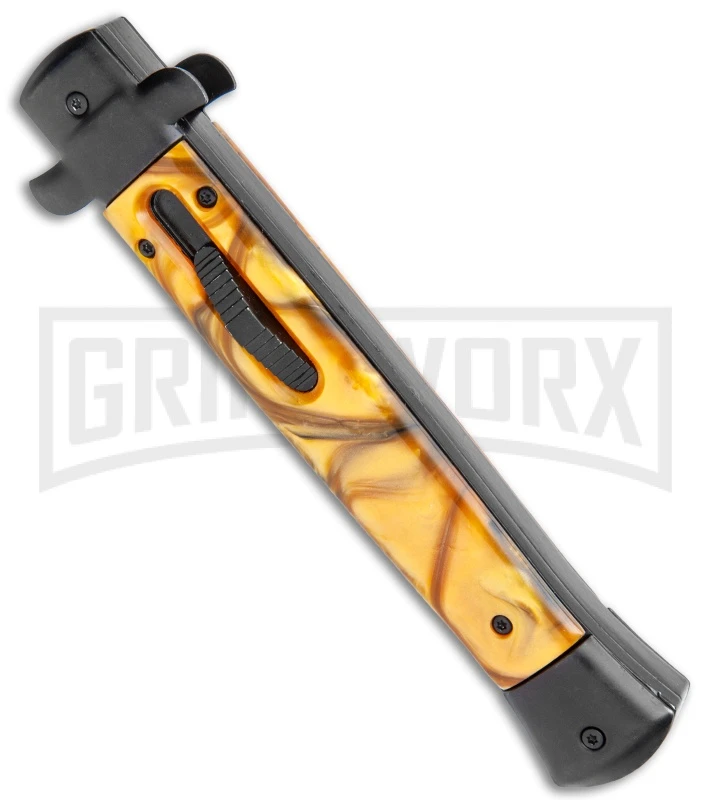 11" Italian Stiletto OTF Auto Knife Black Yellow Acrylic Dagger - Satin - Image 2