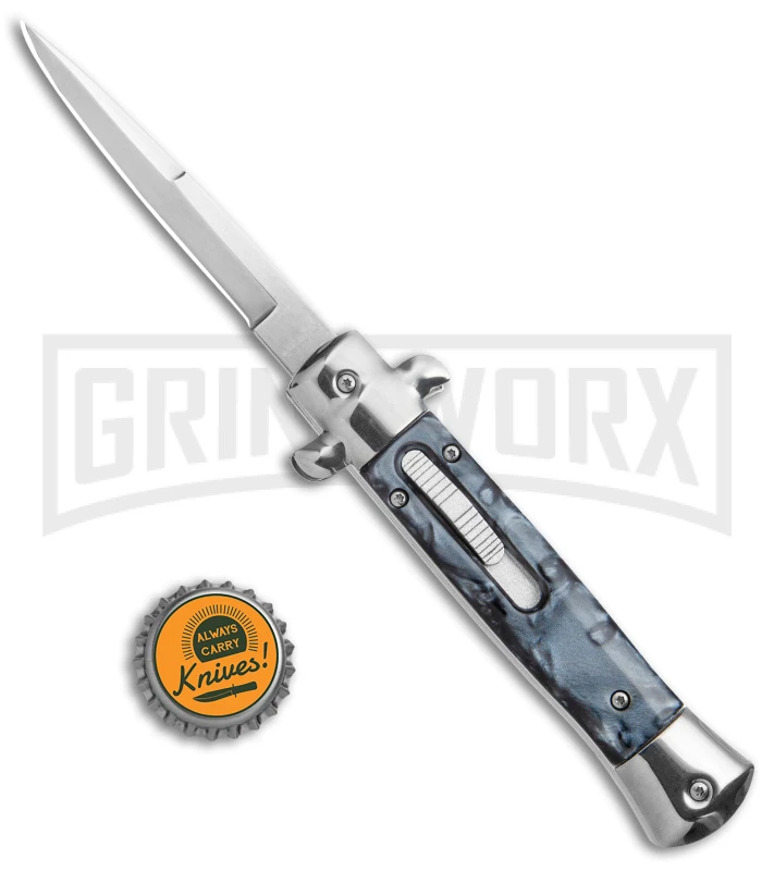 Mago 9" Black Smoke Abyss Italian Stiletto OTF Automatic Knife - Satin Plain - Image 5