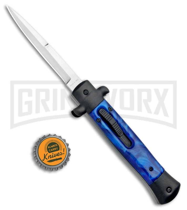 Mago 9" Blue Marble Italian Stiletto OTF Auto Knife Black Bolsters (Bayo Satin) - Image 5