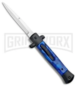 Mago 9" Blue Marble Italian Stiletto OTF Auto Knife Black Bolsters (Bayo Satin)