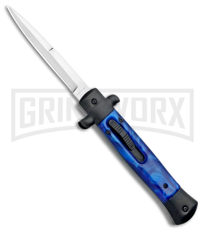 Mago 9" Blue Marble Italian Stiletto OTF Auto Knife Black Bolsters (Bayo Satin)