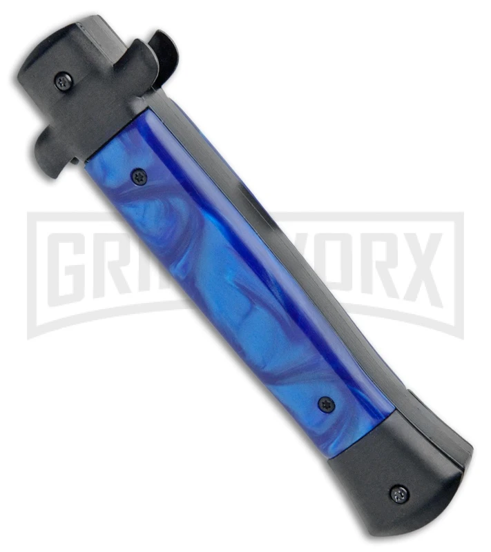 Mago 9" Blue Marble Italian Stiletto OTF Auto Knife Black Bolsters (Bayo Satin) - Image 3