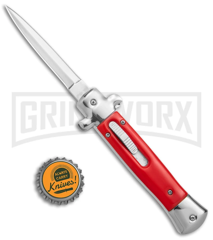 Mago 9" Red Italian Stiletto OTF Automatic - Dagger Satin Plain W/o Clip - Image 4