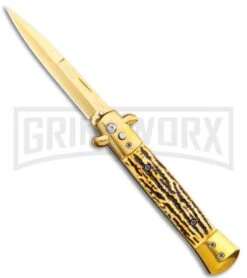 Milano 9" Stiletto Gold Sim Stag Horn Automatic Knife - Bayonet Satin