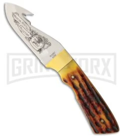 Rite Edge Lasso Grip Gut Hook Brown Bone Fixed Blade Knife - Satin Plain