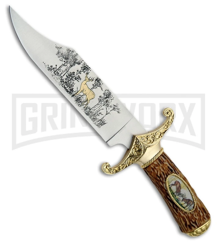 Rite Edge Twin Deer Brown Fixed Blade Knife - Satin Plain