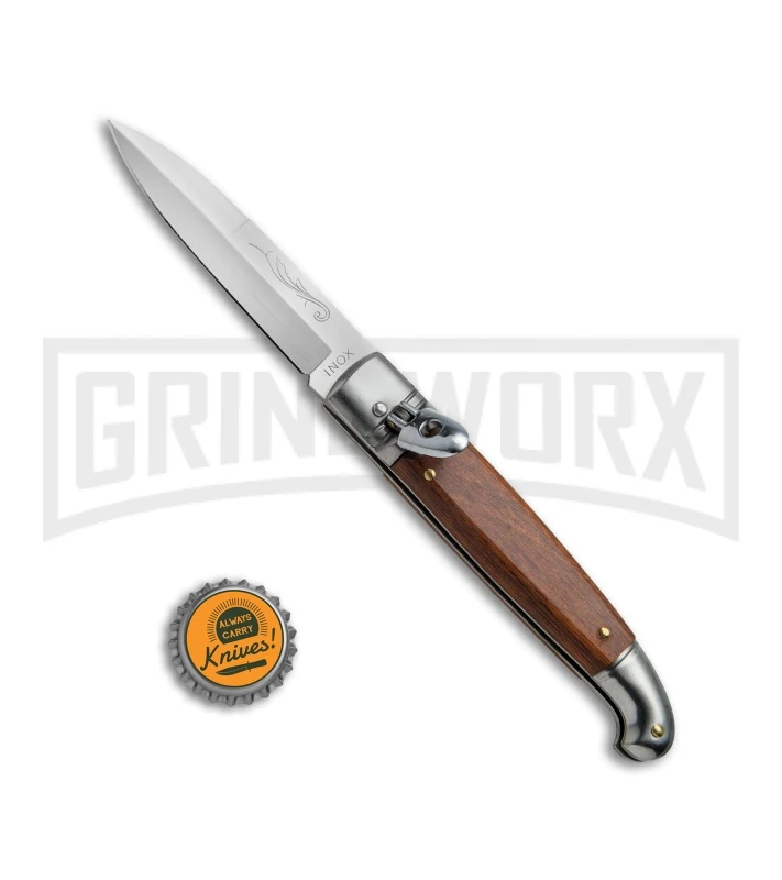 SKM 8" Fancy Lever Lock Wood Automatic Knife - Satin Bayonet - Image 4
