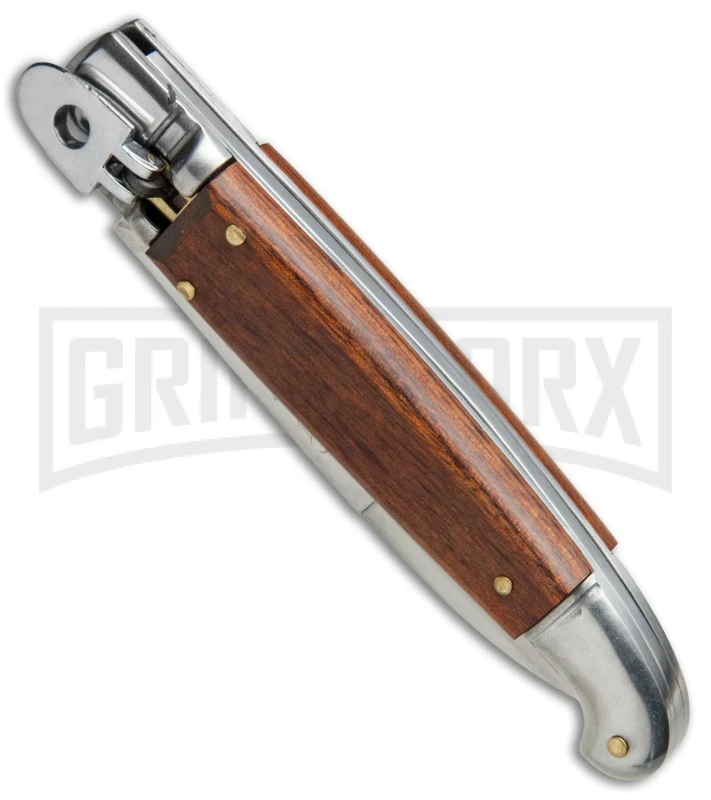 SKM 8" Fancy Lever Lock Wood Automatic Knife - Satin Bayonet - Image 2