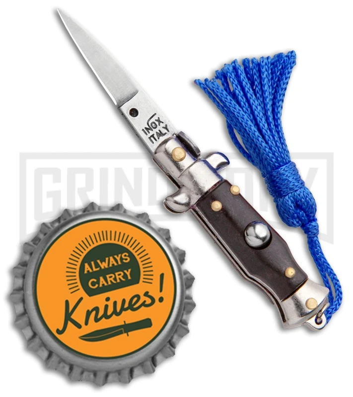 Italian Stiletto Brown Automatic Knife Blue Keychain - Flat Grind - Image 4