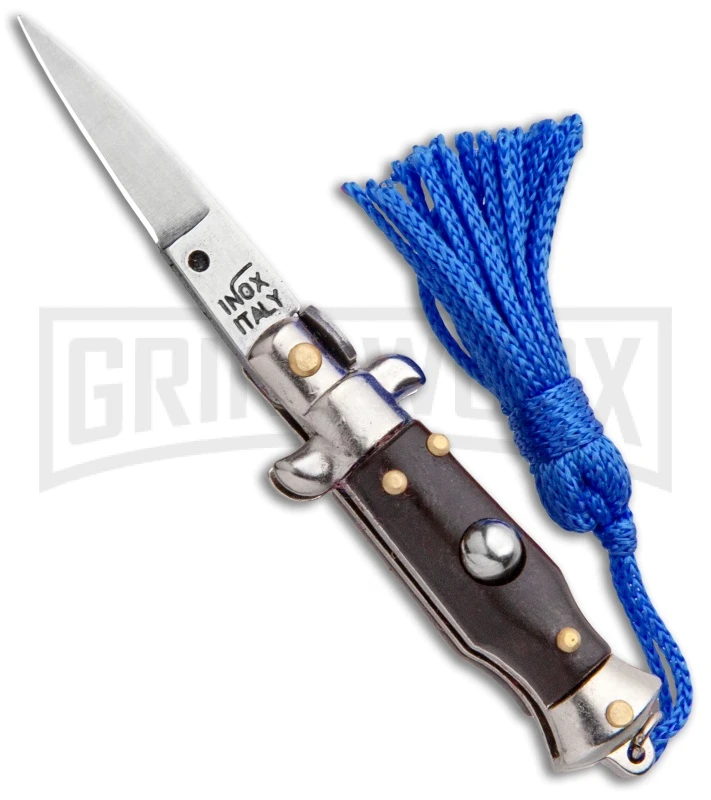 Italian Stiletto Brown Automatic Knife Blue Keychain - Flat Grind