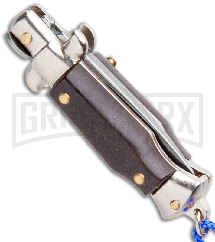 Italian Stiletto Brown Automatic Knife Blue Keychain - Flat Grind - Image 3