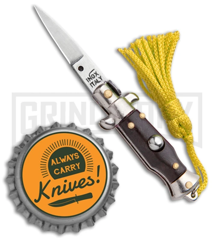 Italian Stiletto Brown Automatic Knife Yellow Keychain - Flat Grind - Image 4