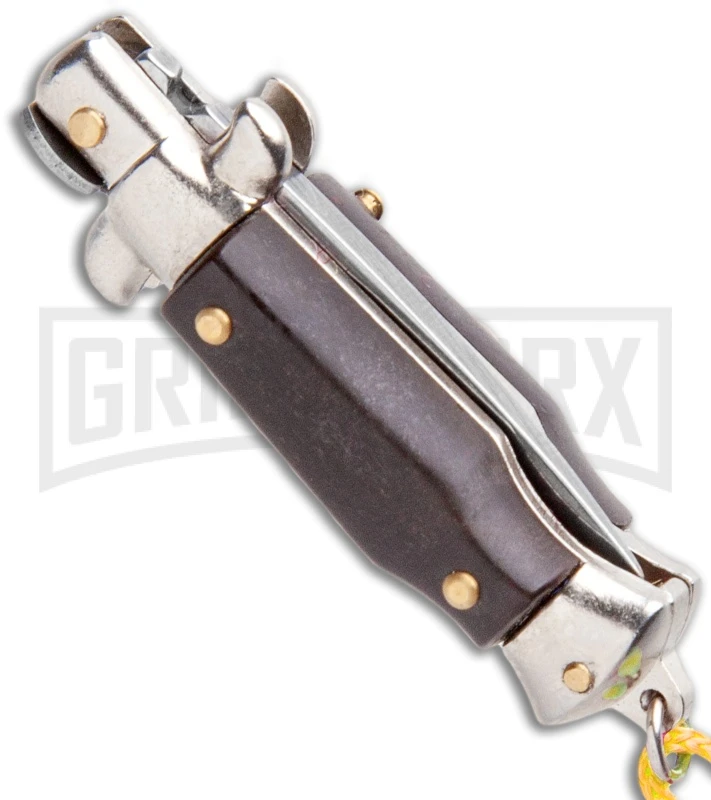 Italian Stiletto Brown Automatic Knife Yellow Keychain - Flat Grind - Image 3