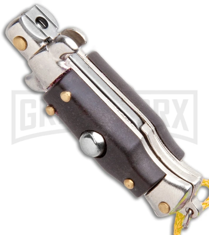 Italian Stiletto Brown Automatic Knife Yellow Keychain - Flat Grind - Image 2