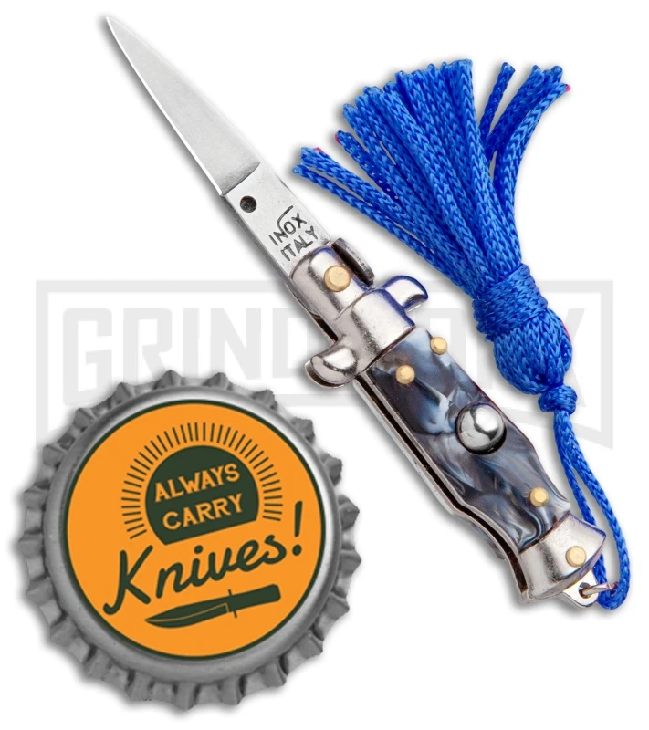 Italian Stiletto Gray Marble Automatic Knife Blue Keychain - Flat Grind - Image 4