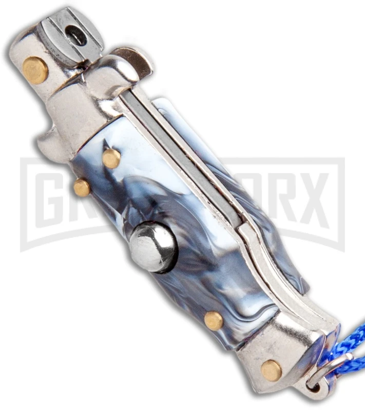 Italian Stiletto Gray Marble Automatic Knife Blue Keychain - Flat Grind - Image 2