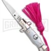 SKM Italian Stiletto Gray Automatic Knife Pink Keychain - Flat Grind