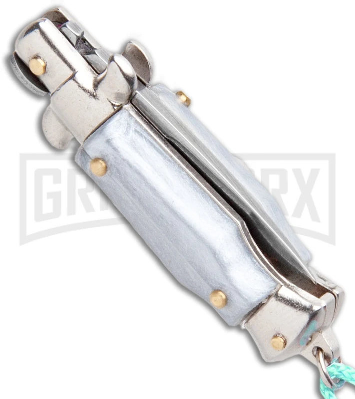 Italian Stiletto Gray Automatic Knife Teal Keychain - Flat Grind - Image 3