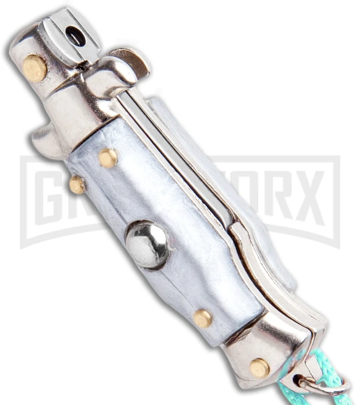 Italian Stiletto Gray Automatic Knife Teal Keychain - Flat Grind - Image 2