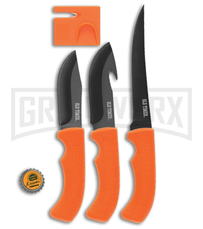Old Timer 3-Piece Set Orange Polymer Set W/ Black Fixed Blade Knives - Image 6