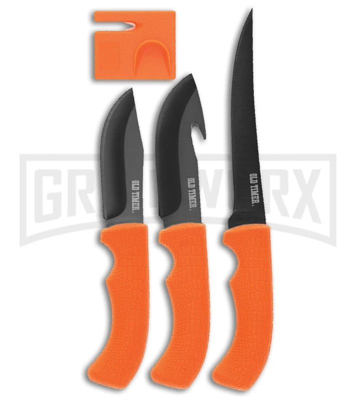 Old Timer 3-Piece Set Orange Polymer Set W/ Black Fixed Blade Knives