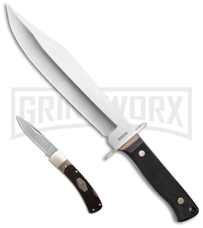 Schrade Old Timer Black Polymer Bowie Knife & Lockback Folder Satin Plain