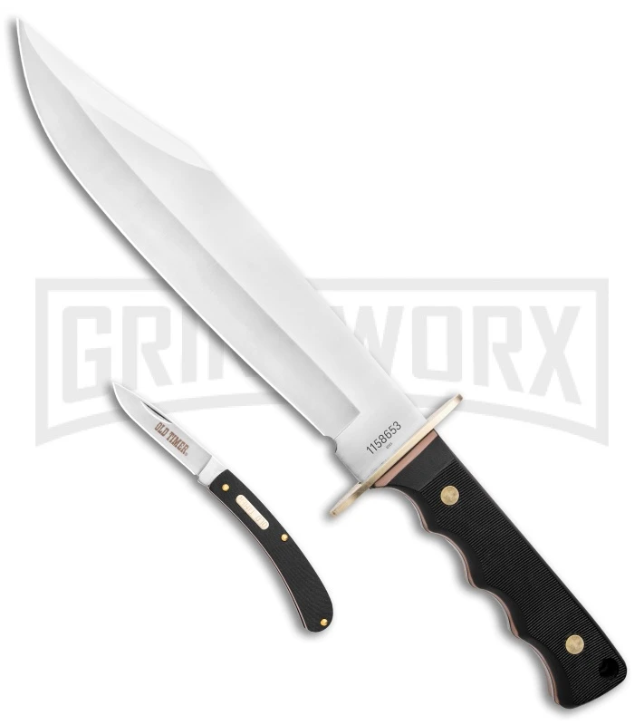 Schrade Old Timer OT Black Polymer Bowie Knife & Folder Satin Plain