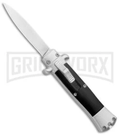 Enzo Stiletto Mini Black W/ Silver Bolsters OTF Automatic Knife - Satin Plain