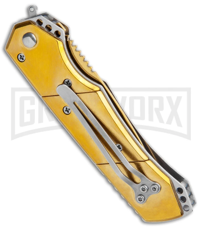 Super Knife Croc Automatic Knife Gold W/ Blue Inlay - Gold Serr - Image 3