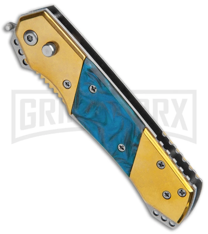 Super Knife Croc Automatic Knife Gold W/ Blue Inlay - Gold Serr - Image 2