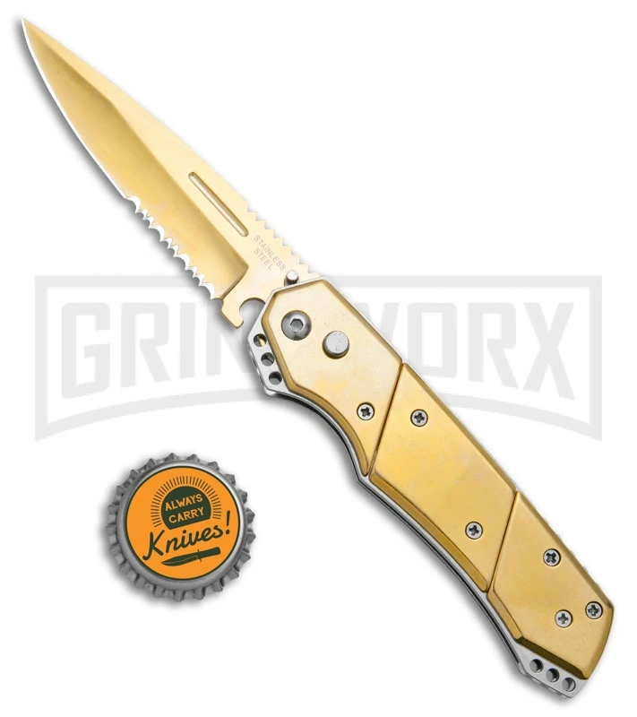 Super Knife Croc Automatic Knife Stainless Gold W/ Gold Inlay - Gold Serr - Image 4