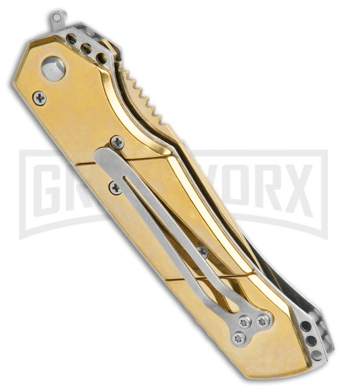 Super Knife Croc Automatic Knife Stainless Gold W/ Gold Inlay - Gold Serr - Image 3