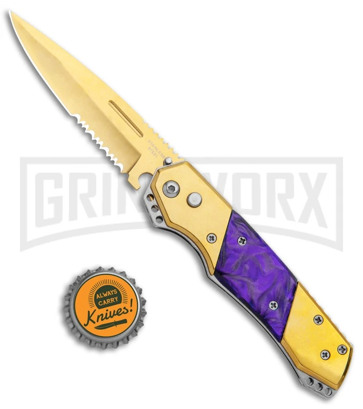 Super Knife Croc Automatic Knife Gold W/ Purple Inlay - Gold Serr - Image 4