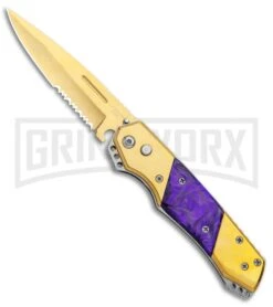 Super Knife Croc Automatic Knife Gold W/ Purple Inlay - Gold Serr