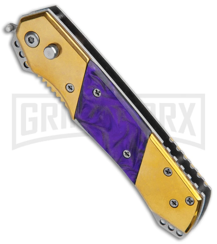 Super Knife Croc Automatic Knife Gold W/ Purple Inlay - Gold Serr - Image 2
