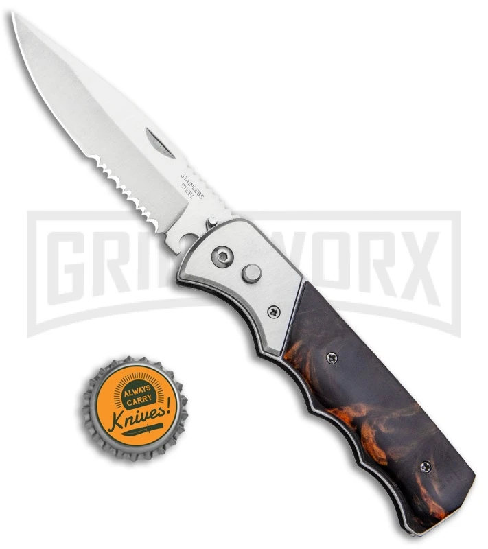 Super Knife Dingo Brown Marble Acrylic Automatic Knife - Satin Serr - Image 4
