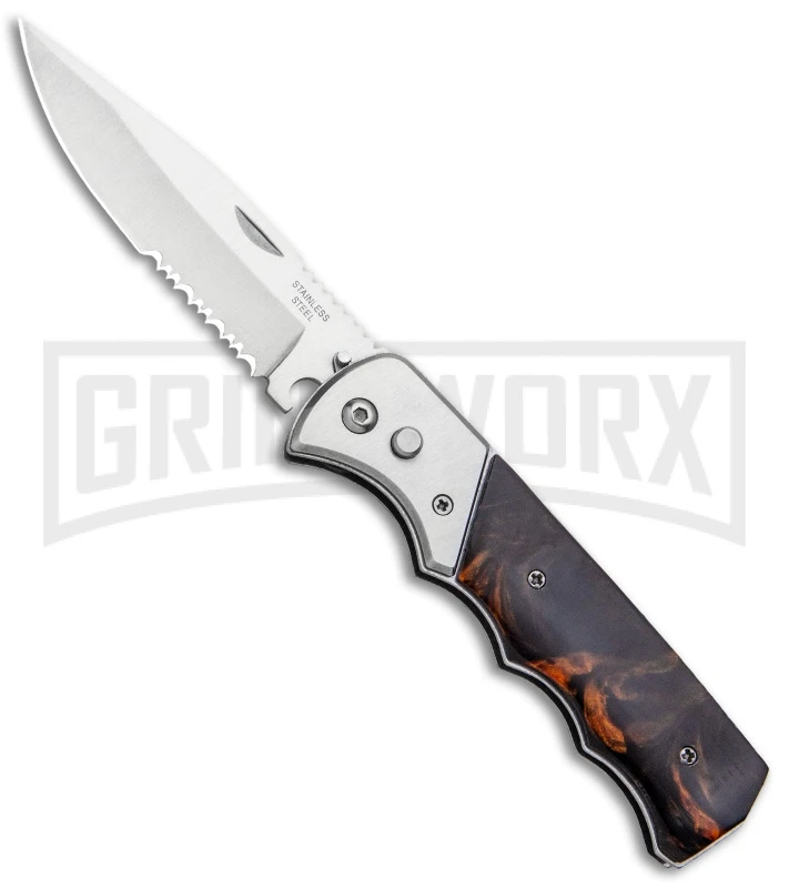 Super Knife Dingo Brown Marble Acrylic Automatic Knife - Satin Serr