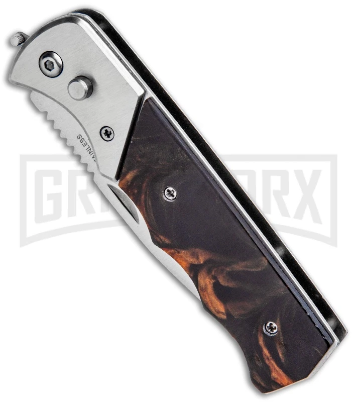 Super Knife Dingo Brown Marble Acrylic Automatic Knife - Satin Serr - Image 2