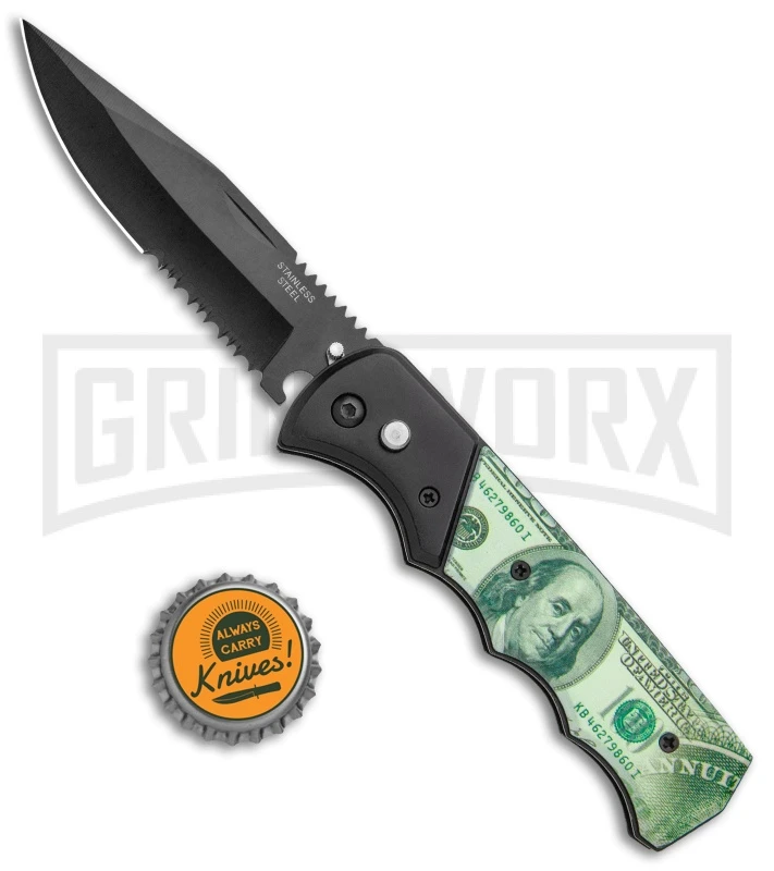 Super Knife Dingo Money Print Automatic Knife - Black Serr - Image 4