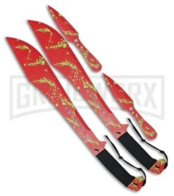 Z-Hunter Zombie Machete And Throwing Knife Set Black/Red - Red Plain