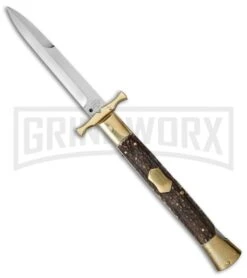 AGA Campolin 13" Stiletto Brass Bat Swinguard Stag Horn Automatic Knife - Bayo