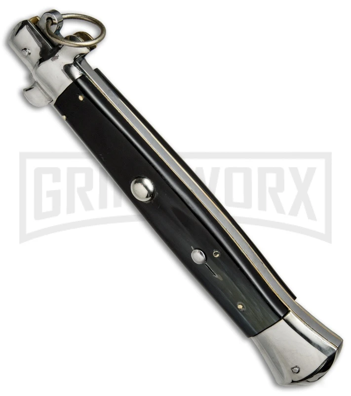 A.G.A. Campolin 15" Italian Stiletto Dark Horn Ring Pull Automatic Knife - Bayo - Image 2