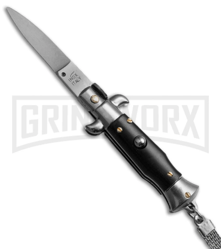 SKM 4" Italian Stiletto Black Automatic Knife Keychain - Flat Grind