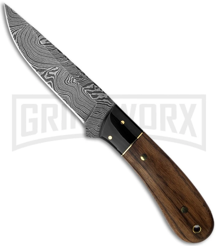 Buck N Bear Hunter Buffalo Walnut Fixed Blade Knife - Damascus Plain