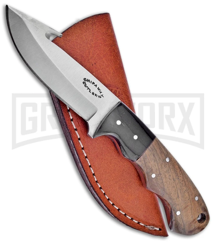 Frost Cutlery Chipaway Guthook Skinner Horn/Wood Fixed Blade Knife - Satin Plain