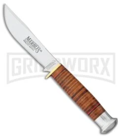 Marble's Thrashing Vague Brown Stacked Leather Fixed Blade Knife - Satin Plain