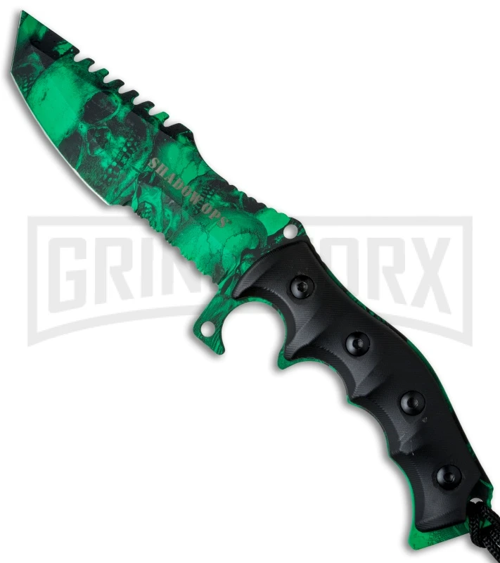 Shadow Ops Green Skull Fixed Blade Knife - Tanto Green/Black Serr