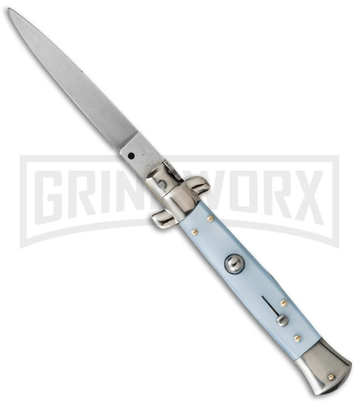 SKM 9" Light Blue Pearlex Automatic Stiletto Knife - Satin Flat