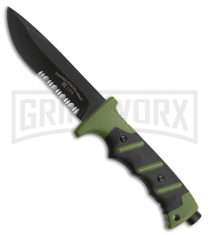 US Army Valor Green/Black Fixed Blade Knife W/ Sheath - Black Serr